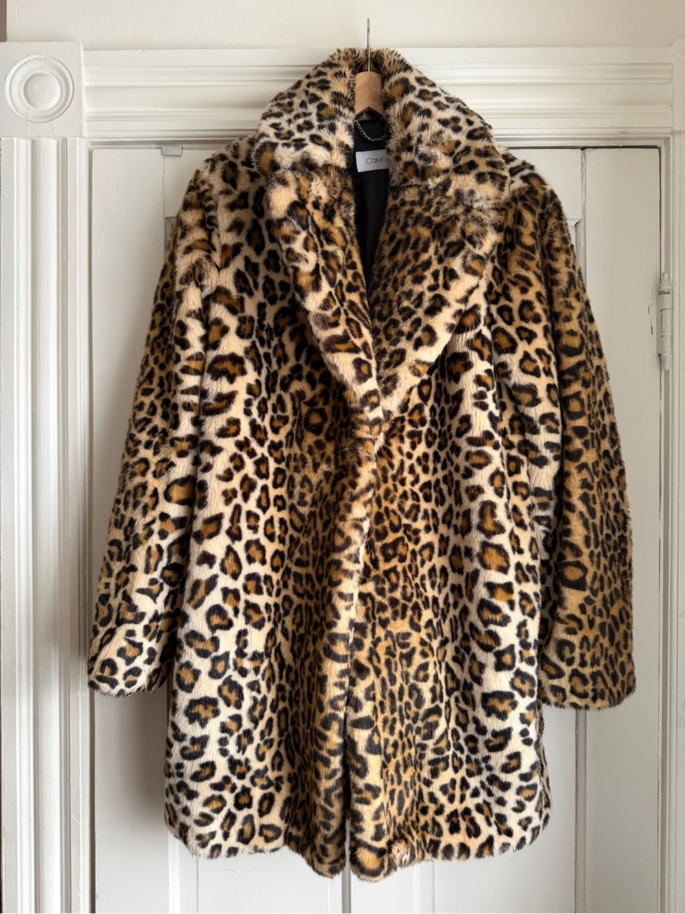 Calvin Klein Cheetah Leopard Print Faux Fur Coat Lined Jacket Medium Like New